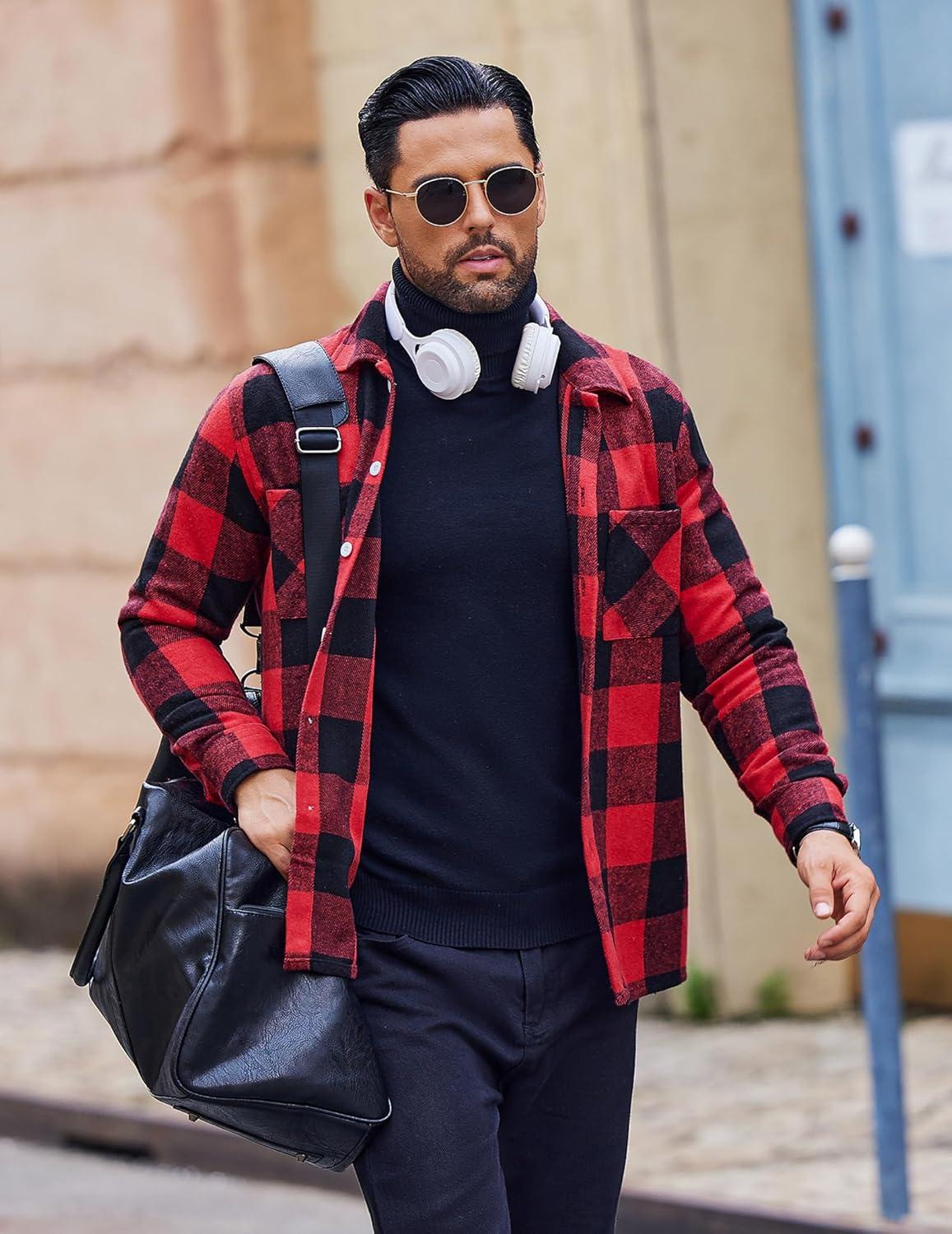 imageCOOFANDY Mens Flannel Shirts Casual Button Down Plaid Shirt Jacket Long Sleeve Fleece Shacket with PocketsBuffalo Red