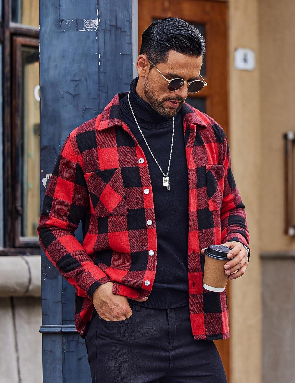 imageCOOFANDY Mens Flannel Shirts Casual Button Down Plaid Shirt Jacket Long Sleeve Fleece Shacket with PocketsBuffalo Red