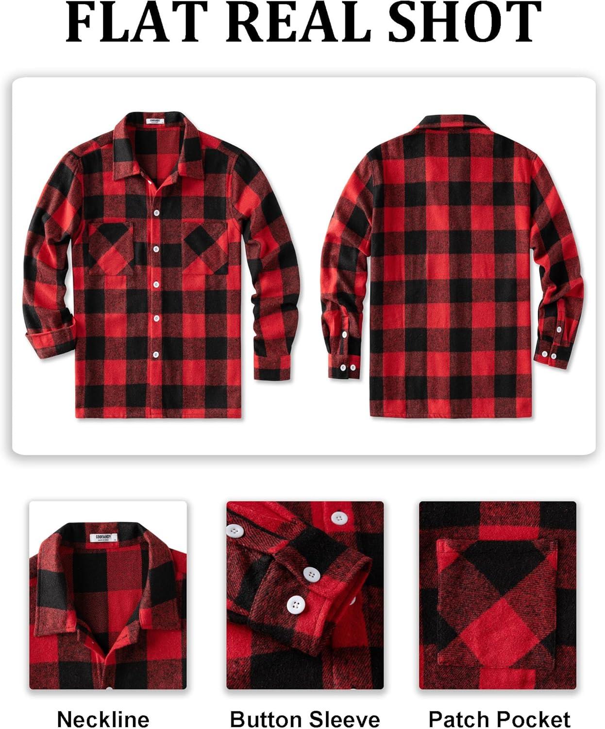 imageCOOFANDY Mens Flannel Shirts Casual Button Down Plaid Shirt Jacket Long Sleeve Fleece Shacket with PocketsBuffalo Red