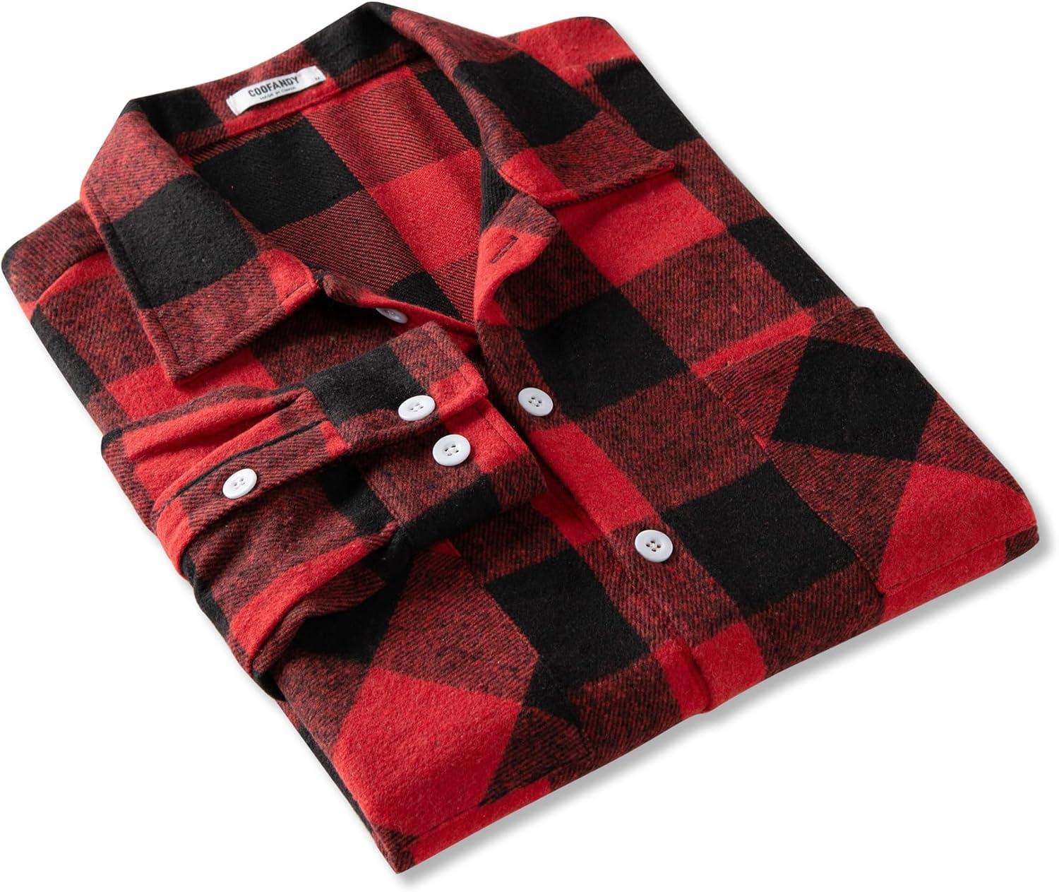 imageCOOFANDY Mens Flannel Shirts Casual Button Down Plaid Shirt Jacket Long Sleeve Fleece Shacket with PocketsBuffalo Red