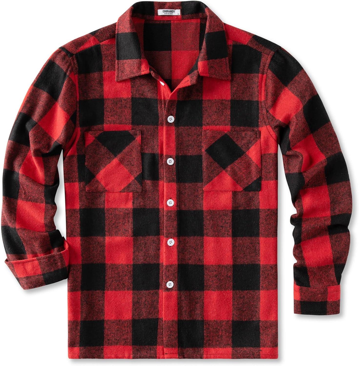 imageCOOFANDY Mens Flannel Shirts Casual Button Down Plaid Shirt Jacket Long Sleeve Fleece Shacket with PocketsBuffalo Red