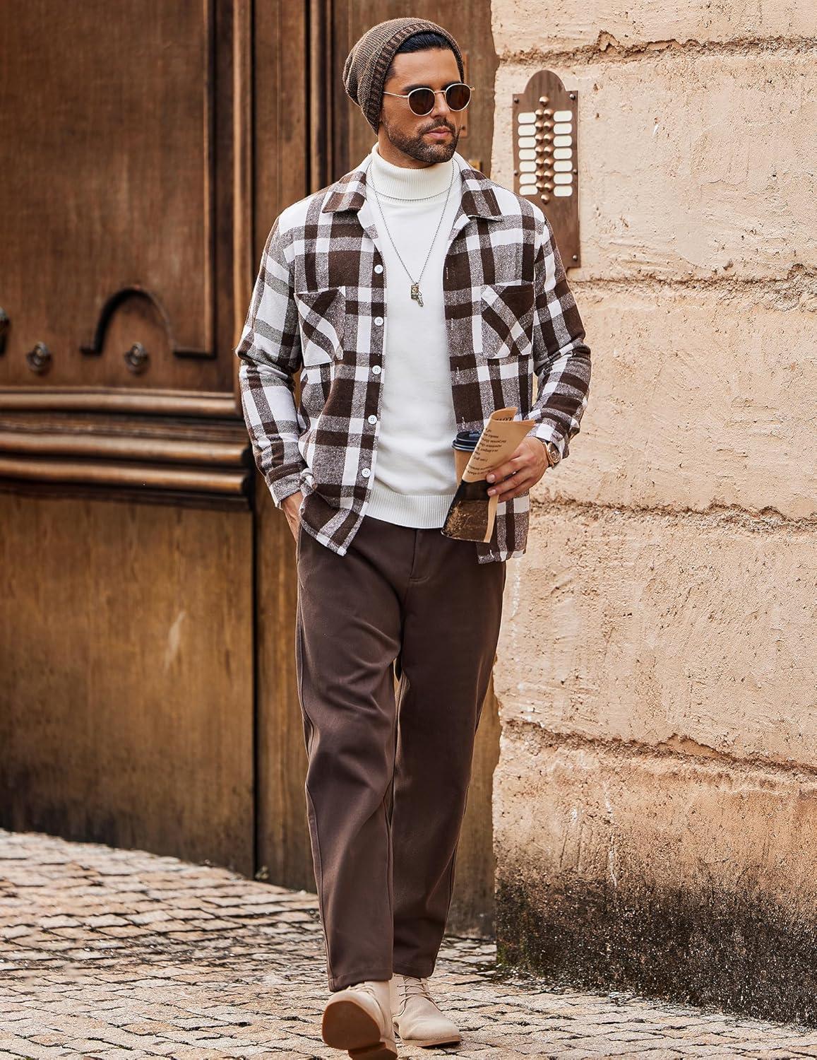 imageCOOFANDY Mens Flannel Shirts Casual Button Down Plaid Shirt Jacket Long Sleeve Fleece Shacket with PocketsCoffee