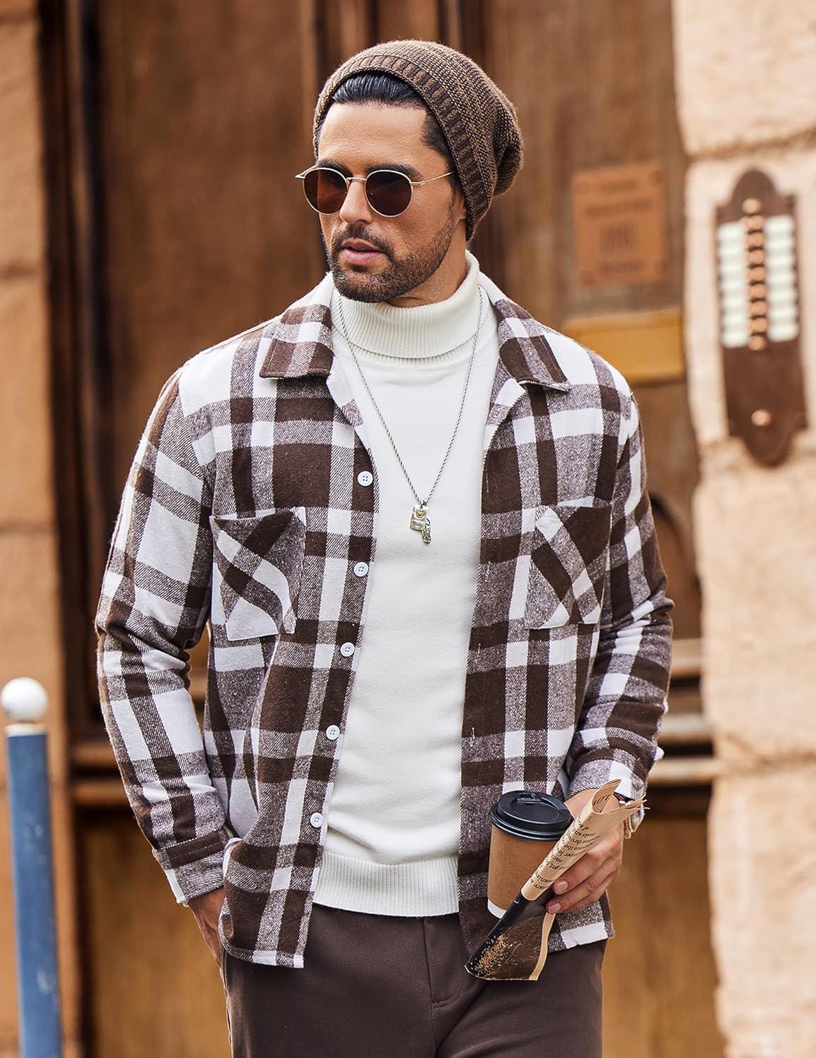 imageCOOFANDY Mens Flannel Shirts Casual Button Down Plaid Shirt Jacket Long Sleeve Fleece Shacket with PocketsCoffee