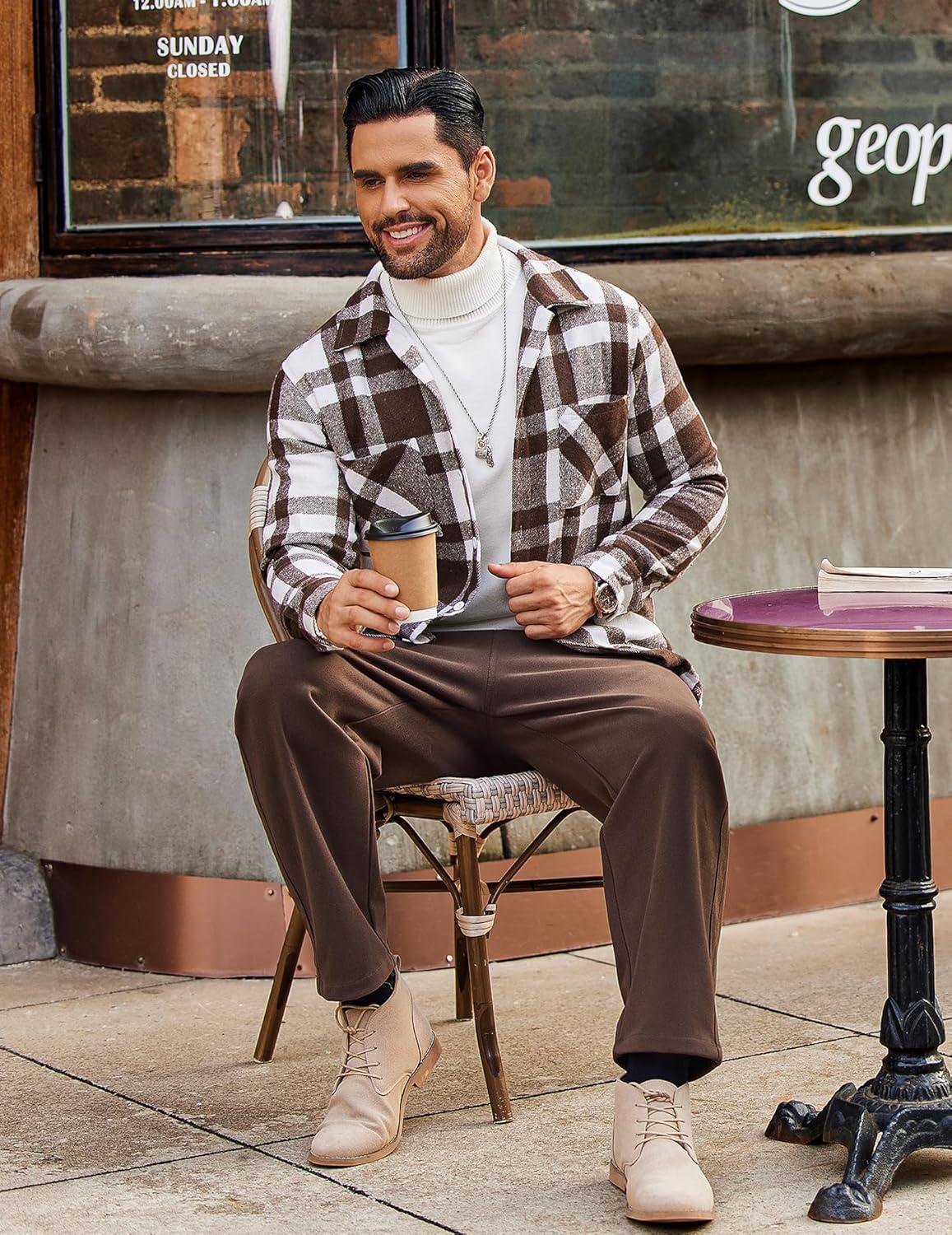 imageCOOFANDY Mens Flannel Shirts Casual Button Down Plaid Shirt Jacket Long Sleeve Fleece Shacket with PocketsCoffee