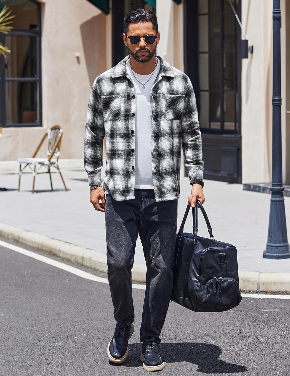 imageCOOFANDY Mens Flannel Shirts Casual Button Down Plaid Shirt Jacket Long Sleeve Fleece Shacket with PocketsGraphite Black