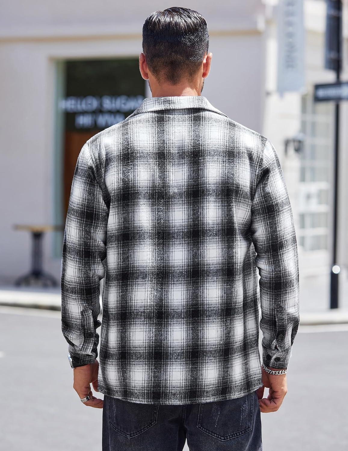 imageCOOFANDY Mens Flannel Shirts Casual Button Down Plaid Shirt Jacket Long Sleeve Fleece Shacket with PocketsGraphite Black