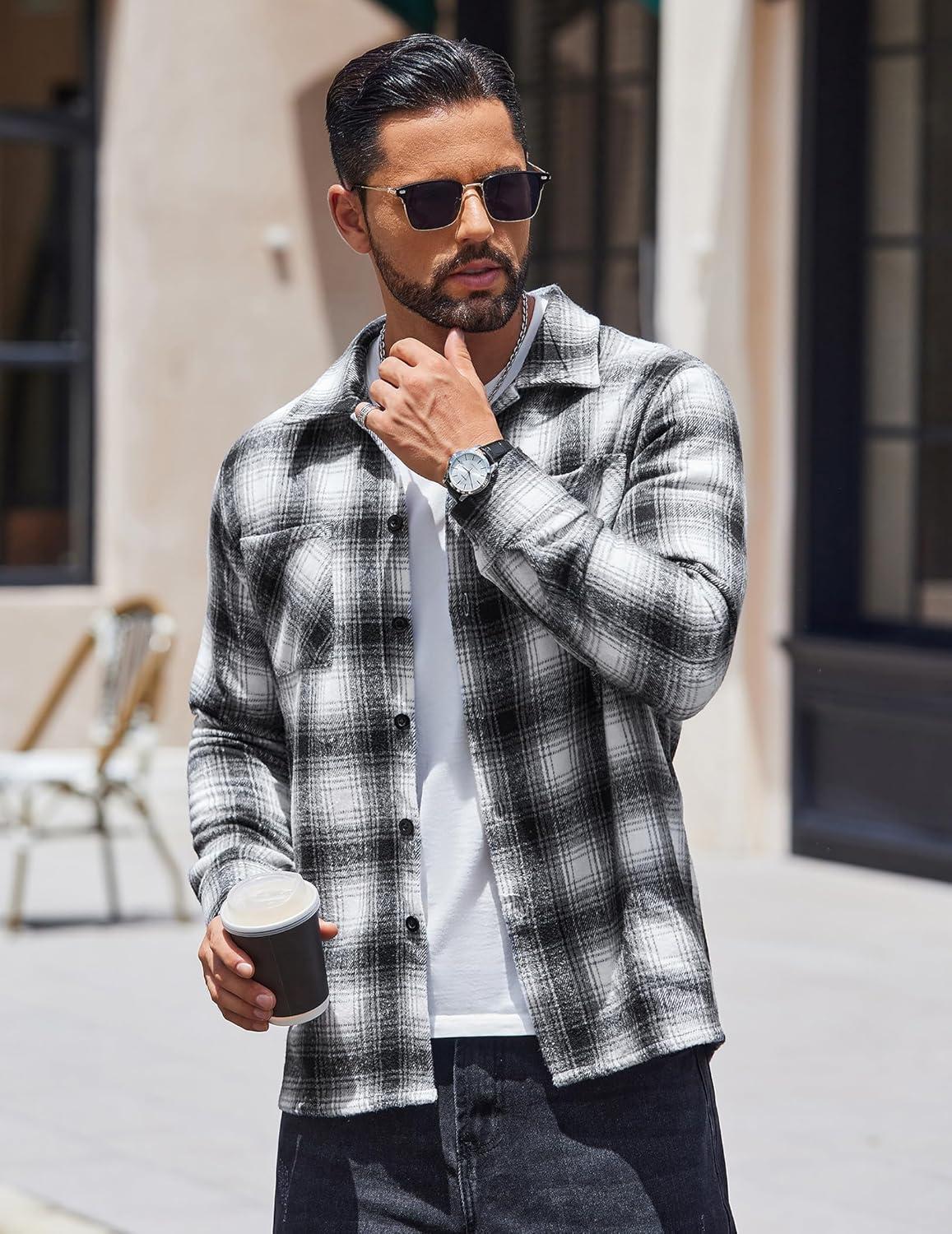 imageCOOFANDY Mens Flannel Shirts Casual Button Down Plaid Shirt Jacket Long Sleeve Fleece Shacket with PocketsGraphite Black