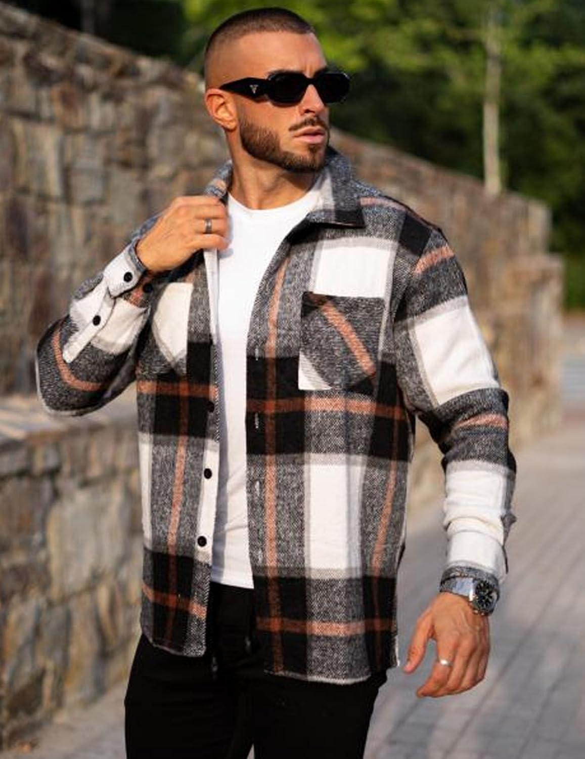 imageCOOFANDY Mens Flannel Shirts Casual Button Down Plaid Shirt Jacket Long Sleeve Fleece Shacket with PocketsGray