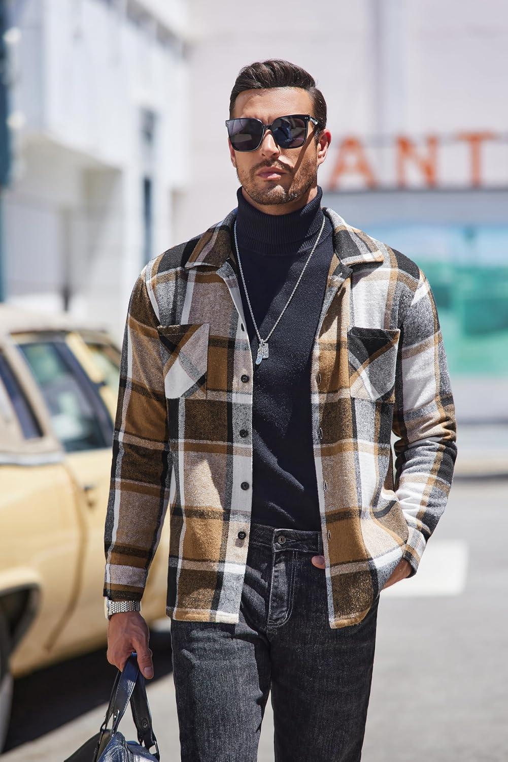 imageCOOFANDY Mens Flannel Shirts Casual Button Down Plaid Shirt Jacket Long Sleeve Fleece Shacket with PocketsKhaki Gray