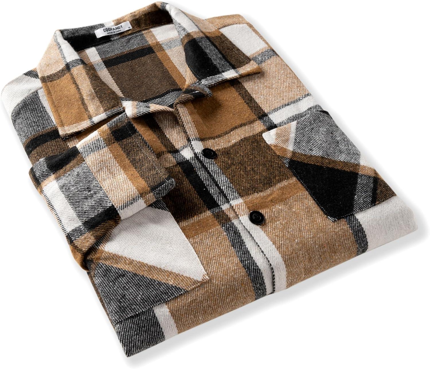 imageCOOFANDY Mens Flannel Shirts Casual Button Down Plaid Shirt Jacket Long Sleeve Fleece Shacket with PocketsKhaki Gray