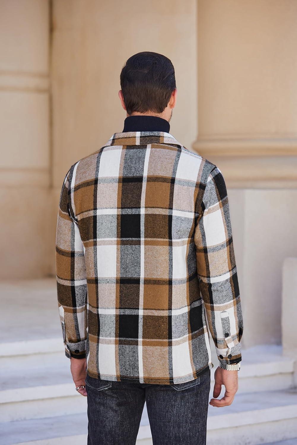 imageCOOFANDY Mens Flannel Shirts Casual Button Down Plaid Shirt Jacket Long Sleeve Fleece Shacket with PocketsKhaki Gray