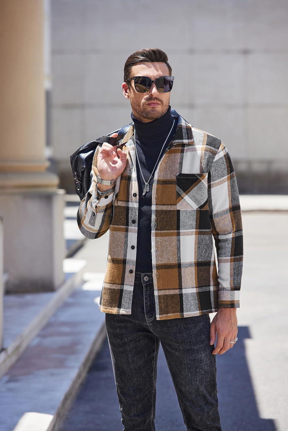 imageCOOFANDY Mens Flannel Shirts Casual Button Down Plaid Shirt Jacket Long Sleeve Fleece Shacket with PocketsKhaki Gray