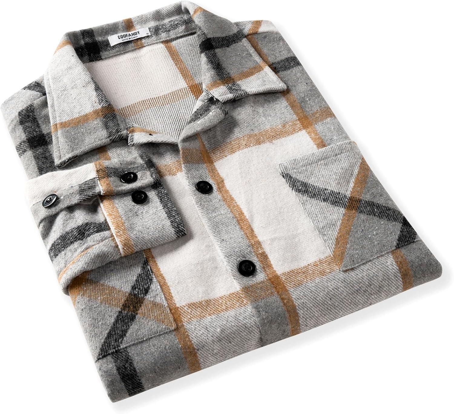 imageCOOFANDY Mens Flannel Shirts Casual Button Down Plaid Shirt Jacket Long Sleeve Fleece Shacket with PocketsLight Gray