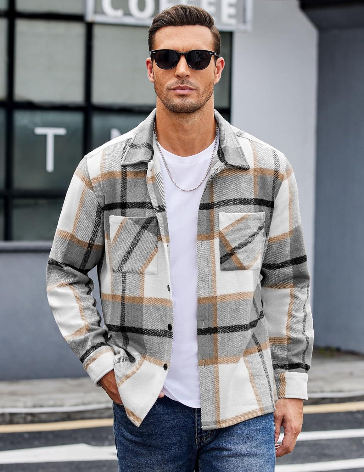 imageCOOFANDY Mens Flannel Shirts Casual Button Down Plaid Shirt Jacket Long Sleeve Fleece Shacket with PocketsLight Gray