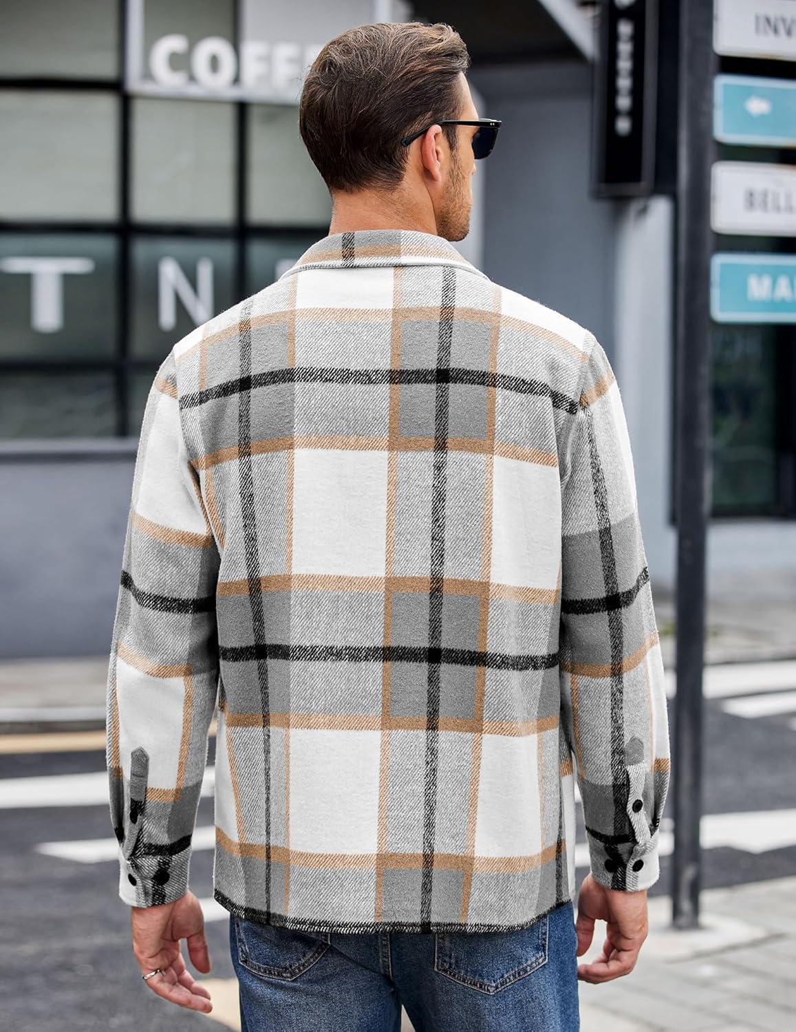 imageCOOFANDY Mens Flannel Shirts Casual Button Down Plaid Shirt Jacket Long Sleeve Fleece Shacket with PocketsLight Gray