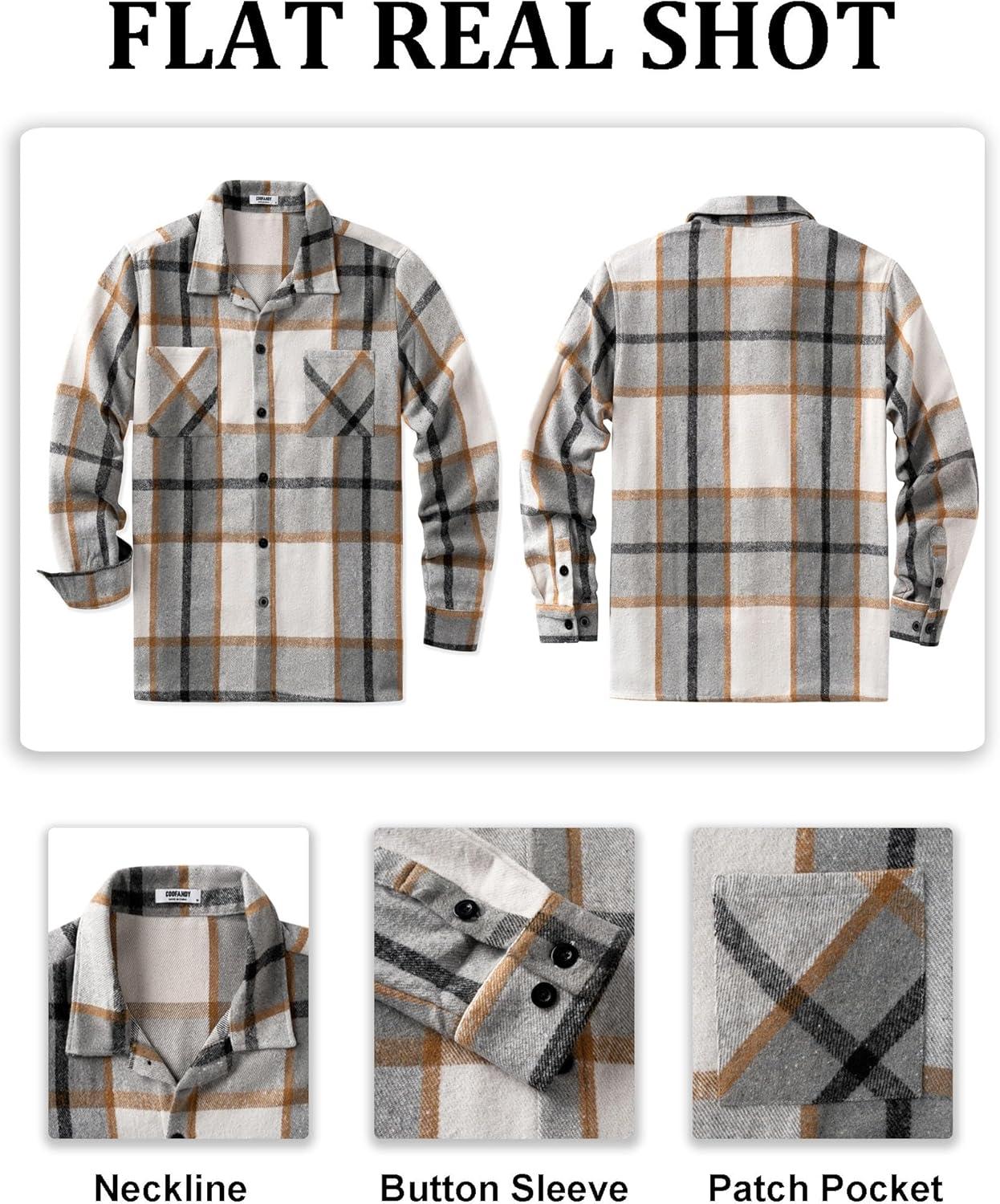 imageCOOFANDY Mens Flannel Shirts Casual Button Down Plaid Shirt Jacket Long Sleeve Fleece Shacket with PocketsLight Gray