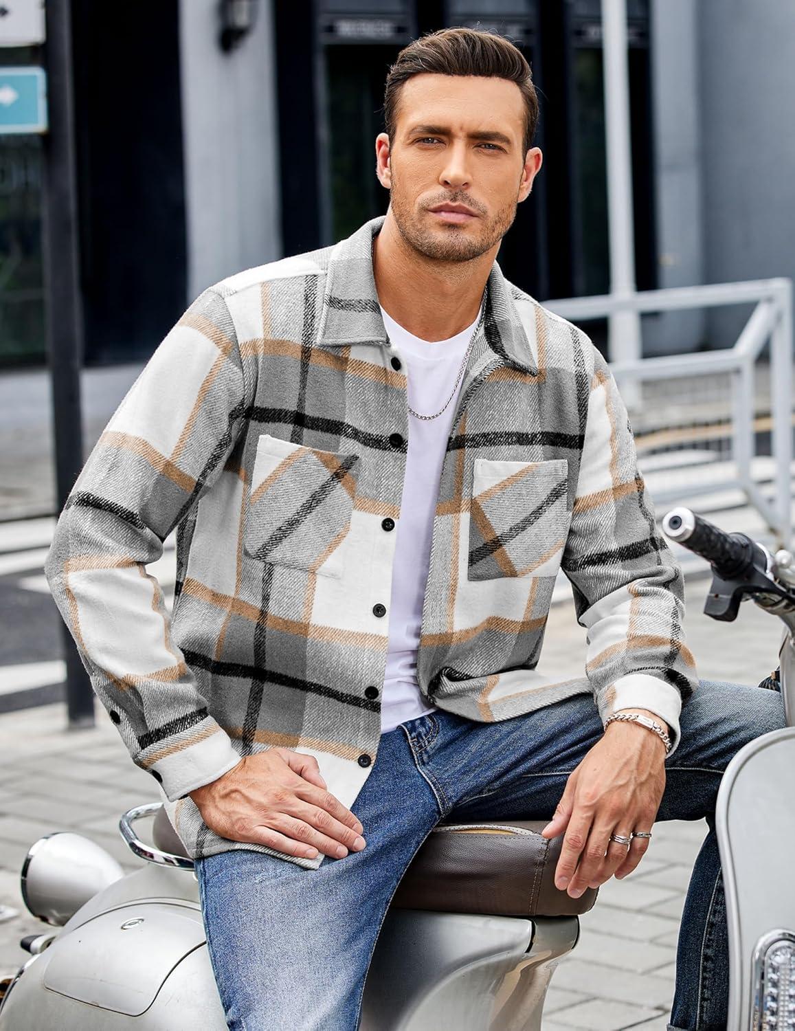 imageCOOFANDY Mens Flannel Shirts Casual Button Down Plaid Shirt Jacket Long Sleeve Fleece Shacket with PocketsLight Gray