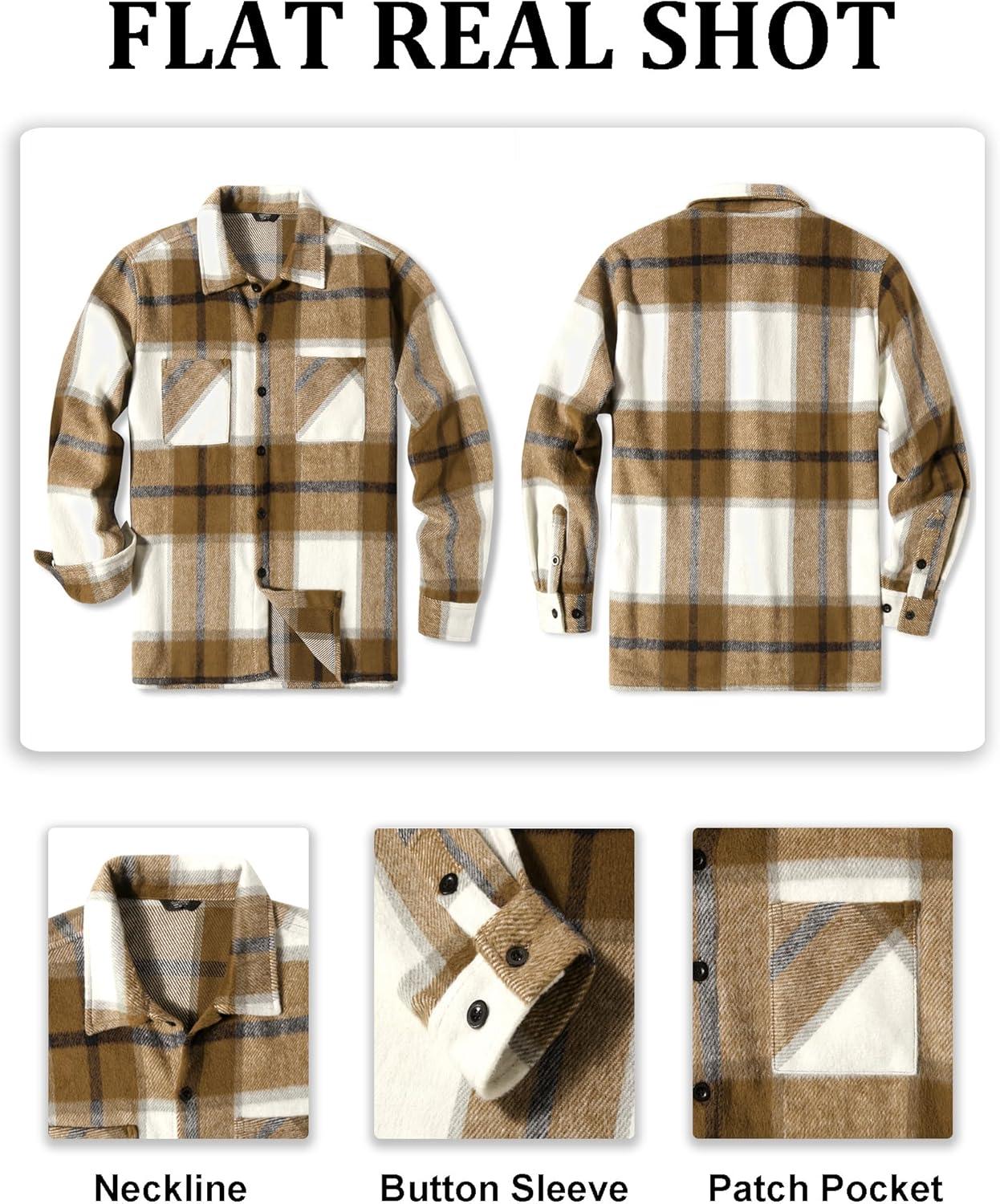 imageCOOFANDY Mens Flannel Shirts Casual Button Down Plaid Shirt Jacket Long Sleeve Fleece Shacket with PocketsLight Khaki