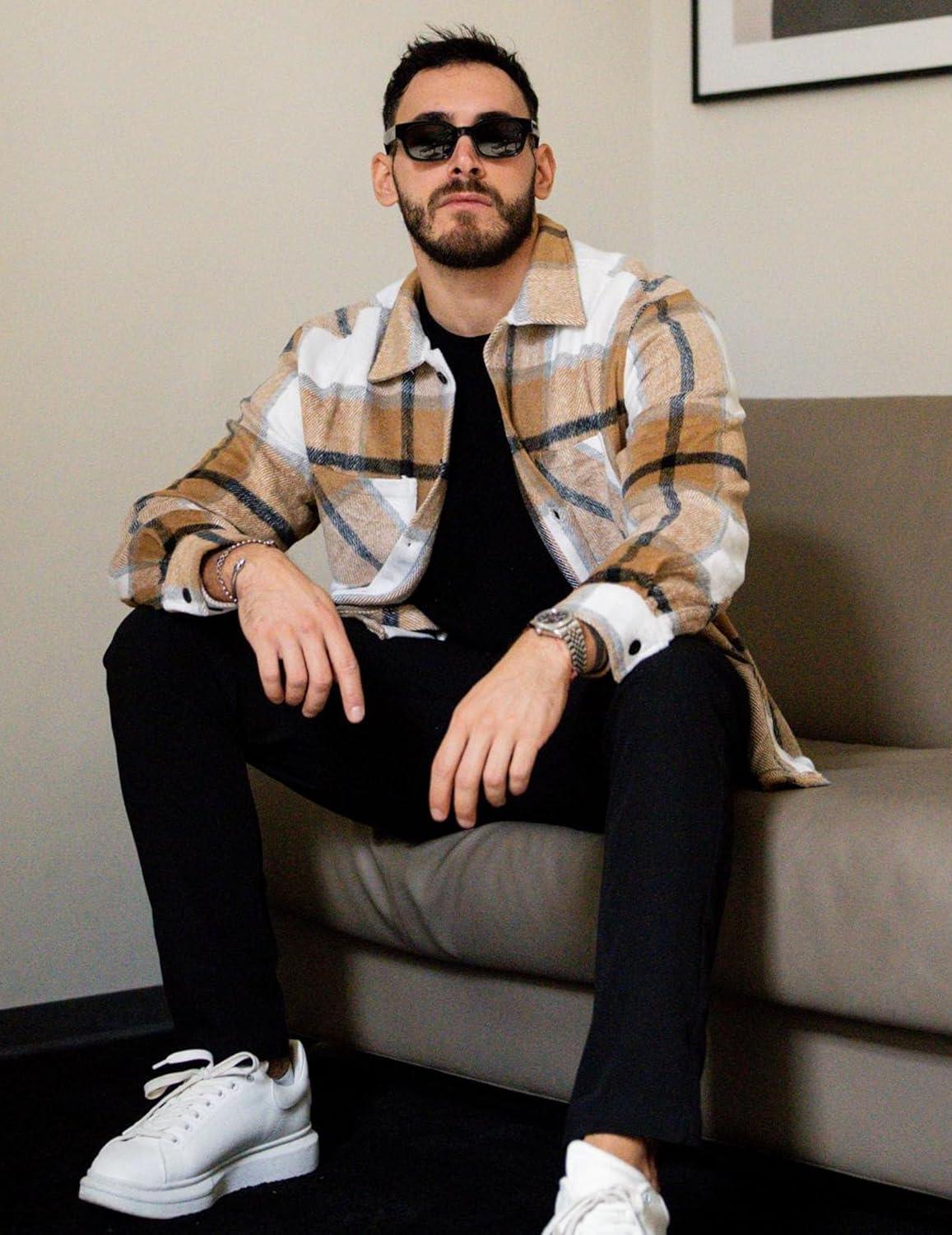 imageCOOFANDY Mens Flannel Shirts Casual Button Down Plaid Shirt Jacket Long Sleeve Fleece Shacket with PocketsLight Khaki