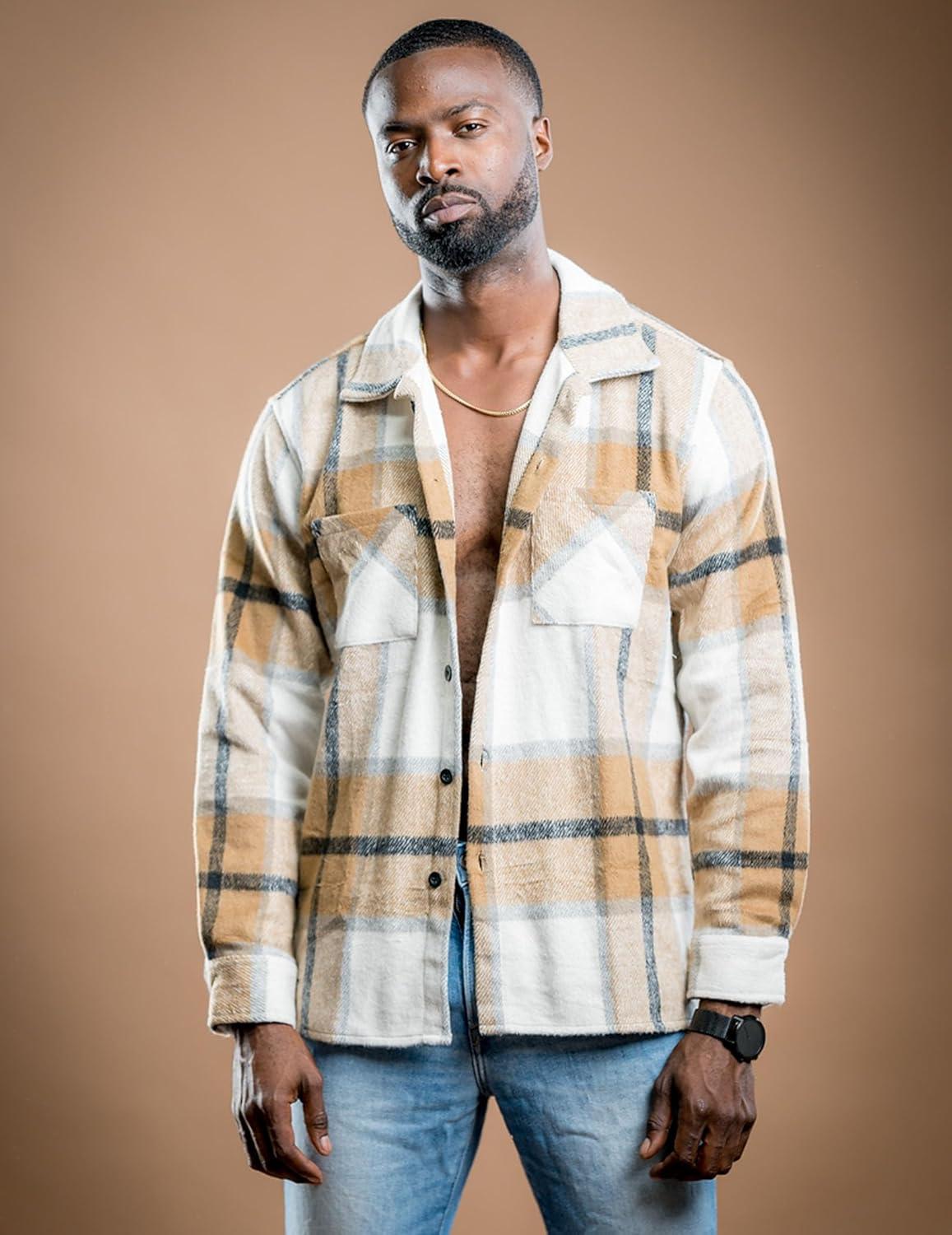 imageCOOFANDY Mens Flannel Shirts Casual Button Down Plaid Shirt Jacket Long Sleeve Fleece Shacket with PocketsLight Khaki