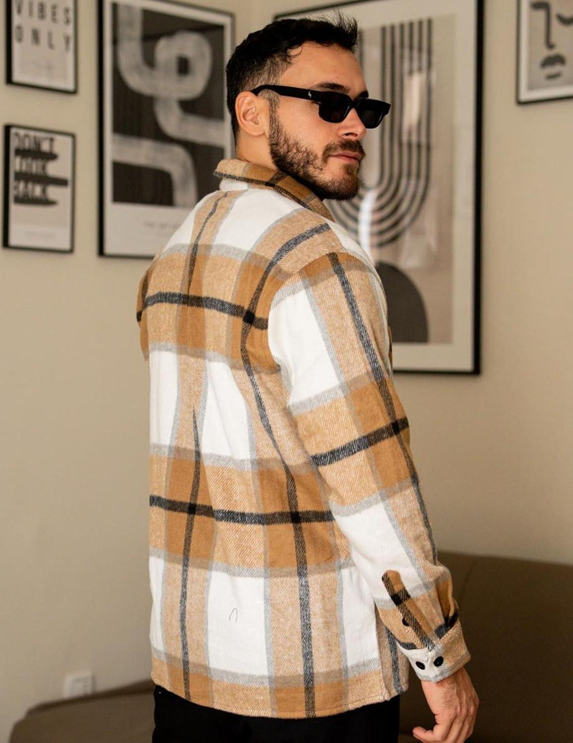 imageCOOFANDY Mens Flannel Shirts Casual Button Down Plaid Shirt Jacket Long Sleeve Fleece Shacket with PocketsLight Khaki