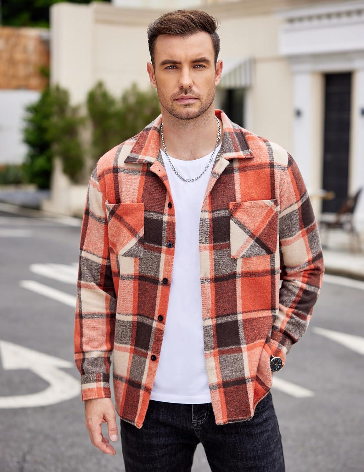 imageCOOFANDY Mens Flannel Shirts Casual Button Down Plaid Shirt Jacket Long Sleeve Fleece Shacket with PocketsOrange