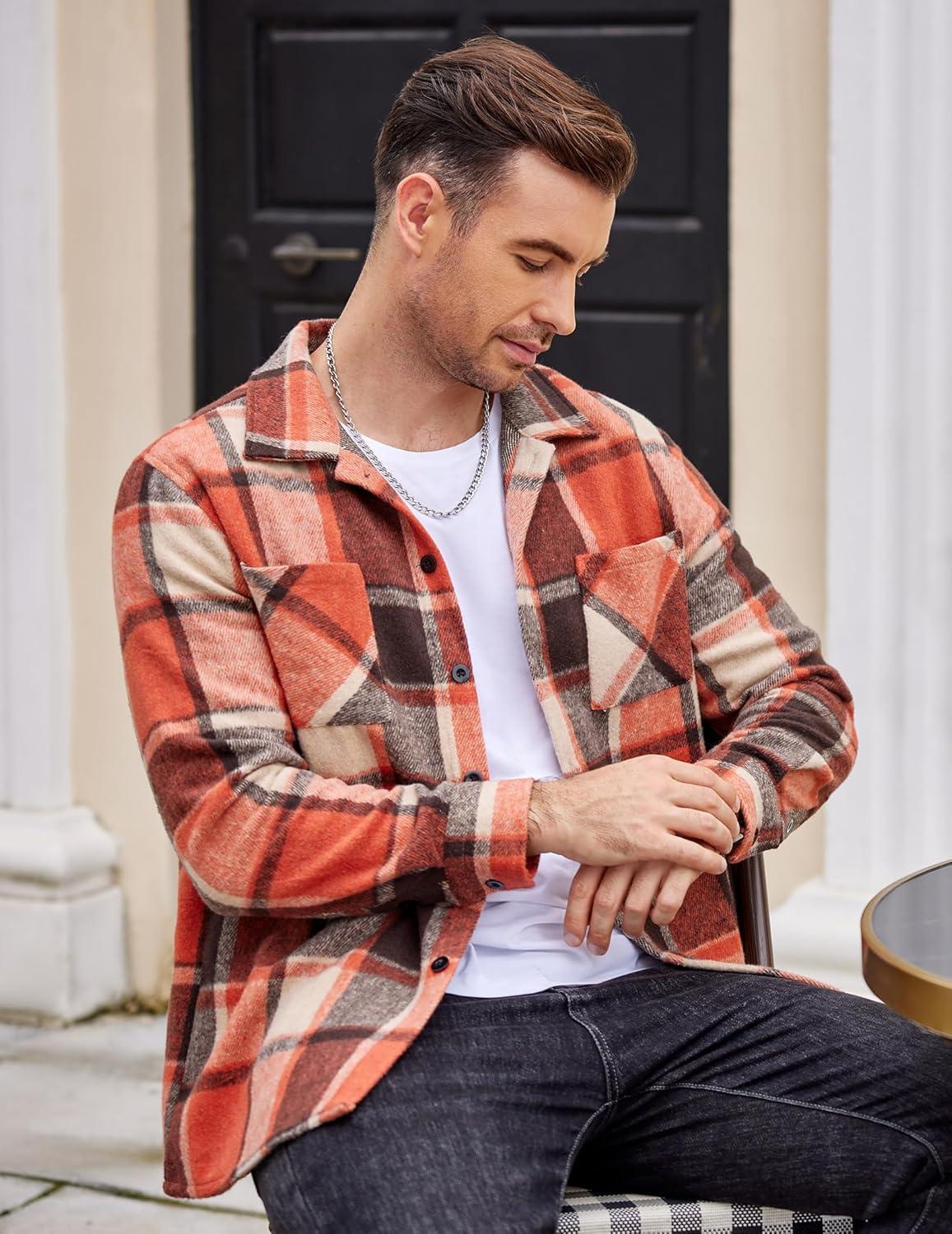 imageCOOFANDY Mens Flannel Shirts Casual Button Down Plaid Shirt Jacket Long Sleeve Fleece Shacket with PocketsOrange