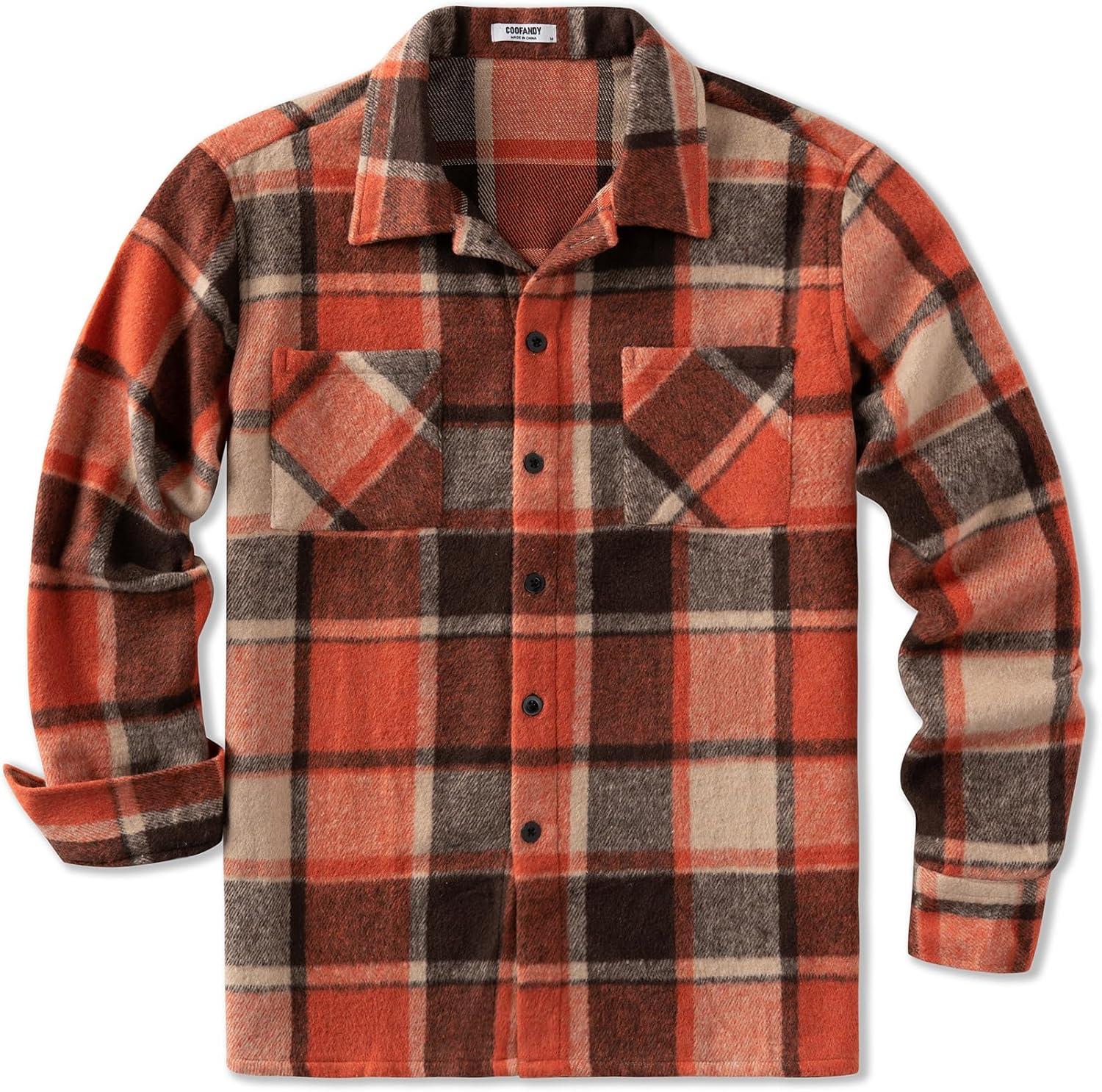 imageCOOFANDY Mens Flannel Shirts Casual Button Down Plaid Shirt Jacket Long Sleeve Fleece Shacket with PocketsOrange