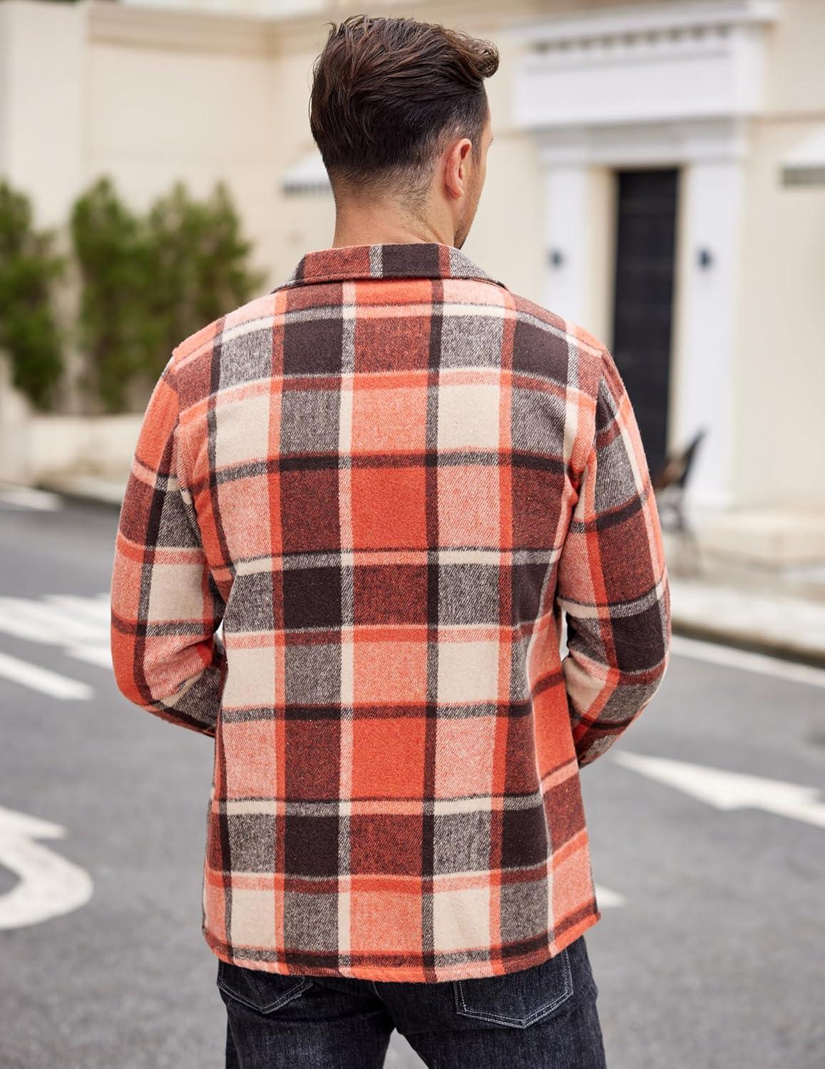 imageCOOFANDY Mens Flannel Shirts Casual Button Down Plaid Shirt Jacket Long Sleeve Fleece Shacket with PocketsOrange