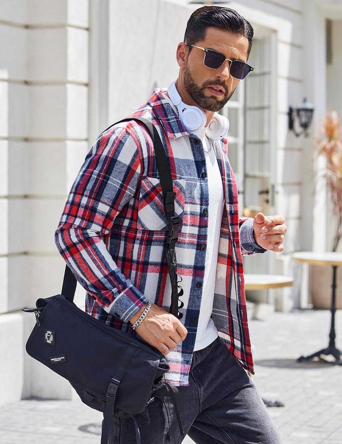imageCOOFANDY Mens Flannel Shirts Casual Button Down Plaid Shirt Jacket Long Sleeve Fleece Shacket with PocketsRed Blue