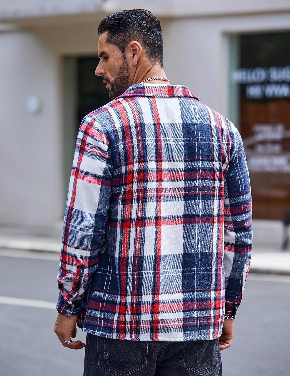 imageCOOFANDY Mens Flannel Shirts Casual Button Down Plaid Shirt Jacket Long Sleeve Fleece Shacket with PocketsRed Blue
