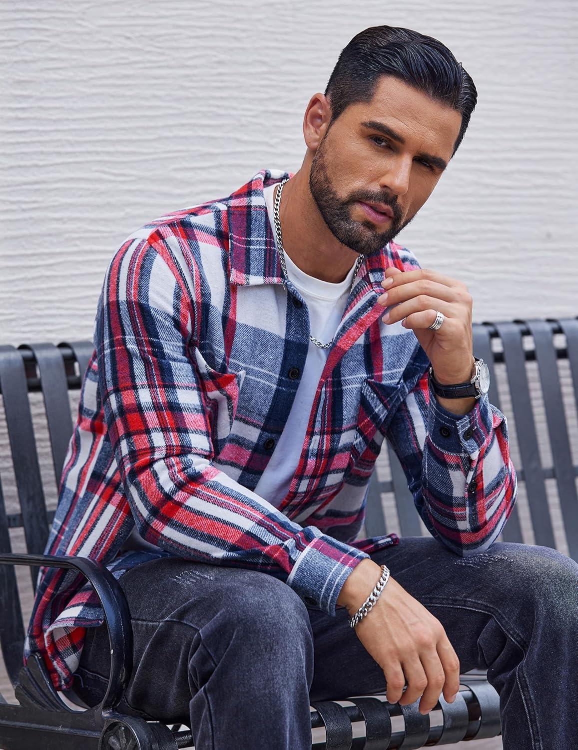 imageCOOFANDY Mens Flannel Shirts Casual Button Down Plaid Shirt Jacket Long Sleeve Fleece Shacket with PocketsRed Blue