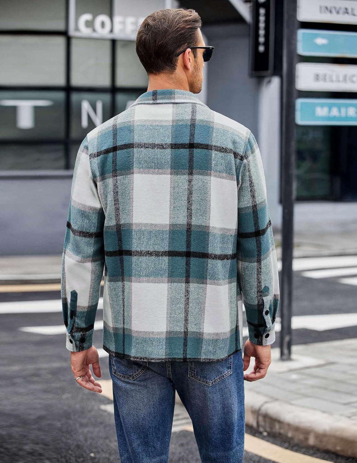 imageCOOFANDY Mens Flannel Shirts Casual Button Down Plaid Shirt Jacket Long Sleeve Fleece Shacket with PocketsSea Blue