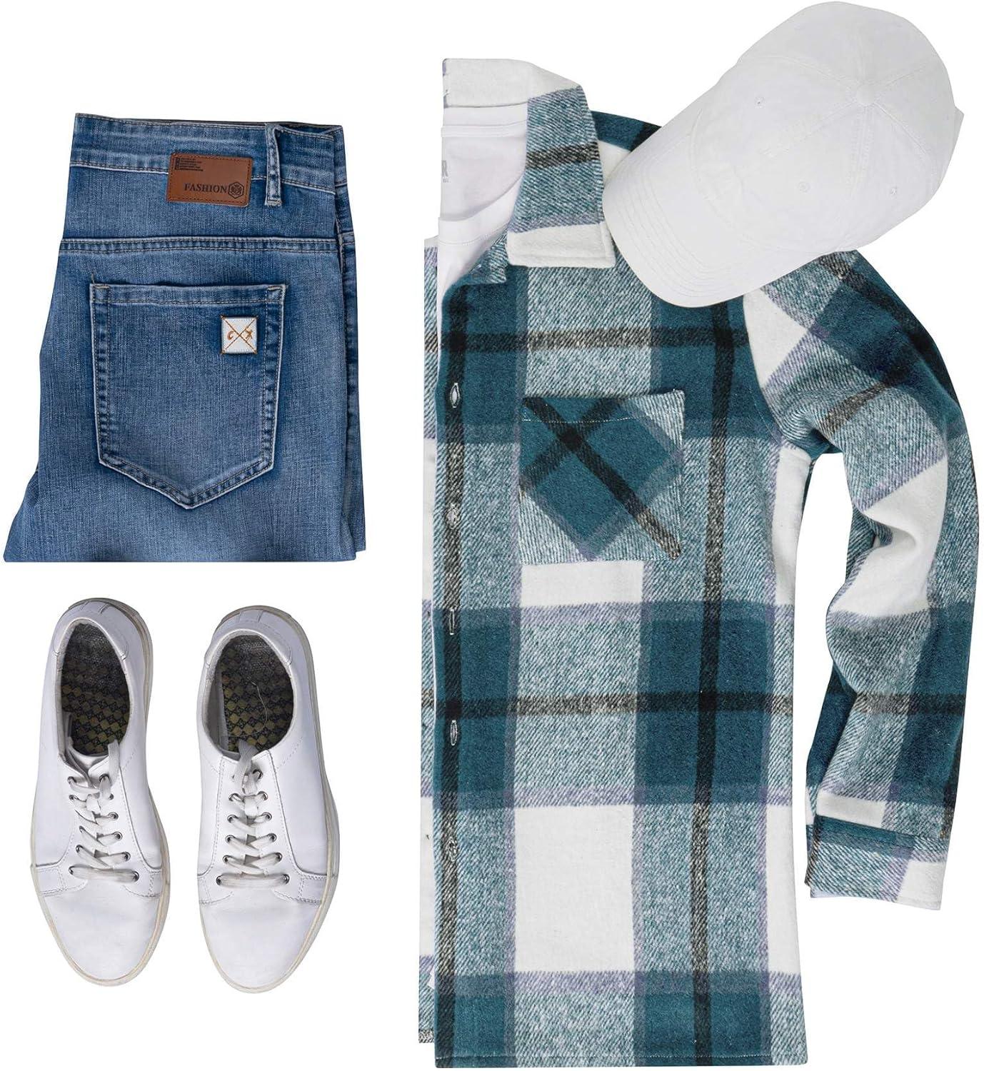 imageCOOFANDY Mens Flannel Shirts Casual Button Down Plaid Shirt Jacket Long Sleeve Fleece Shacket with PocketsSea Blue