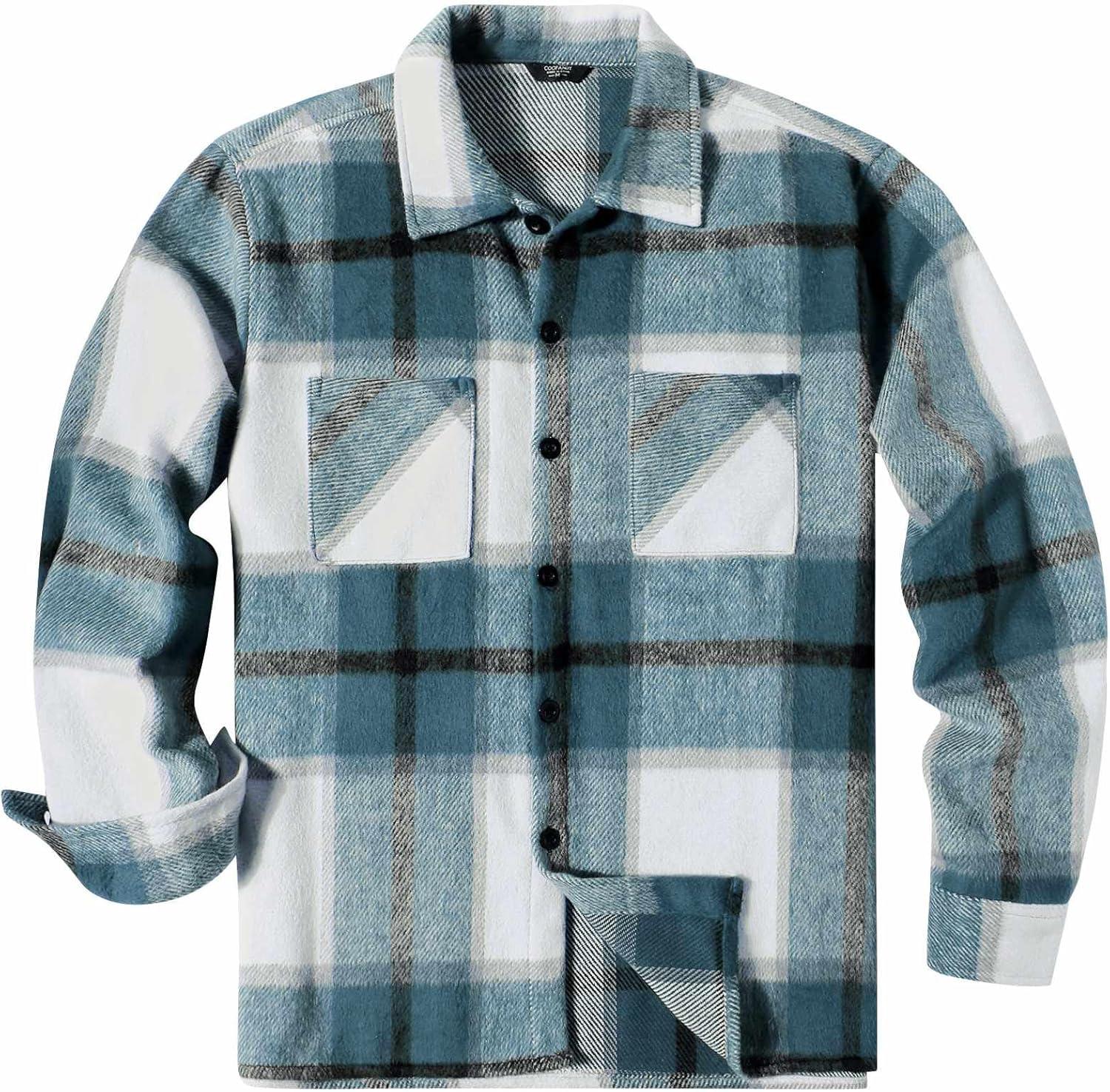 imageCOOFANDY Mens Flannel Shirts Casual Button Down Plaid Shirt Jacket Long Sleeve Fleece Shacket with PocketsSea Blue