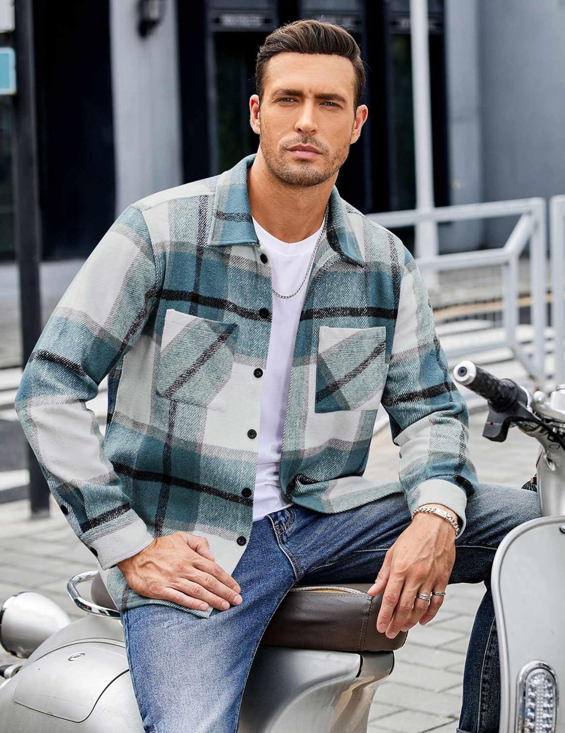 imageCOOFANDY Mens Flannel Shirts Casual Button Down Plaid Shirt Jacket Long Sleeve Fleece Shacket with PocketsSea Blue