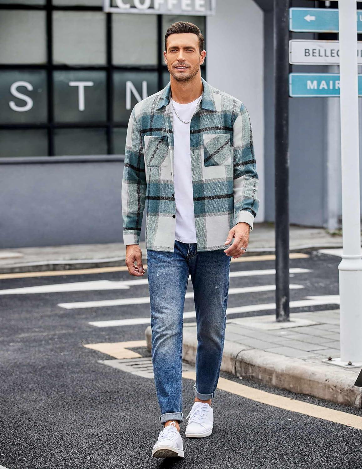 imageCOOFANDY Mens Flannel Shirts Casual Button Down Plaid Shirt Jacket Long Sleeve Fleece Shacket with PocketsSea Blue