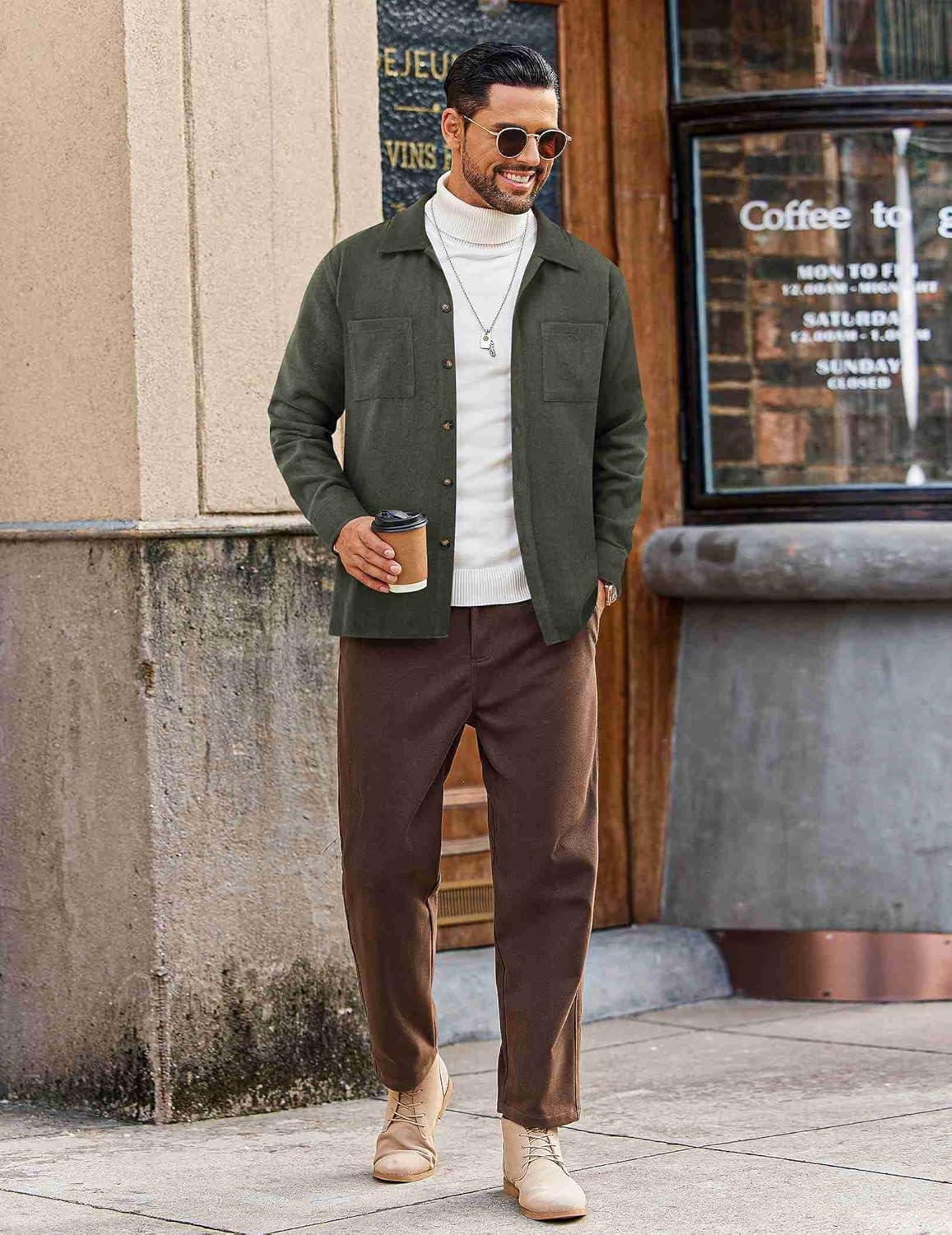 imageCOOFANDY Mens Flannel Shirts Casual Button Down Plaid Shirt Jacket Long Sleeve Fleece Shacket with PocketsSolid Army Green