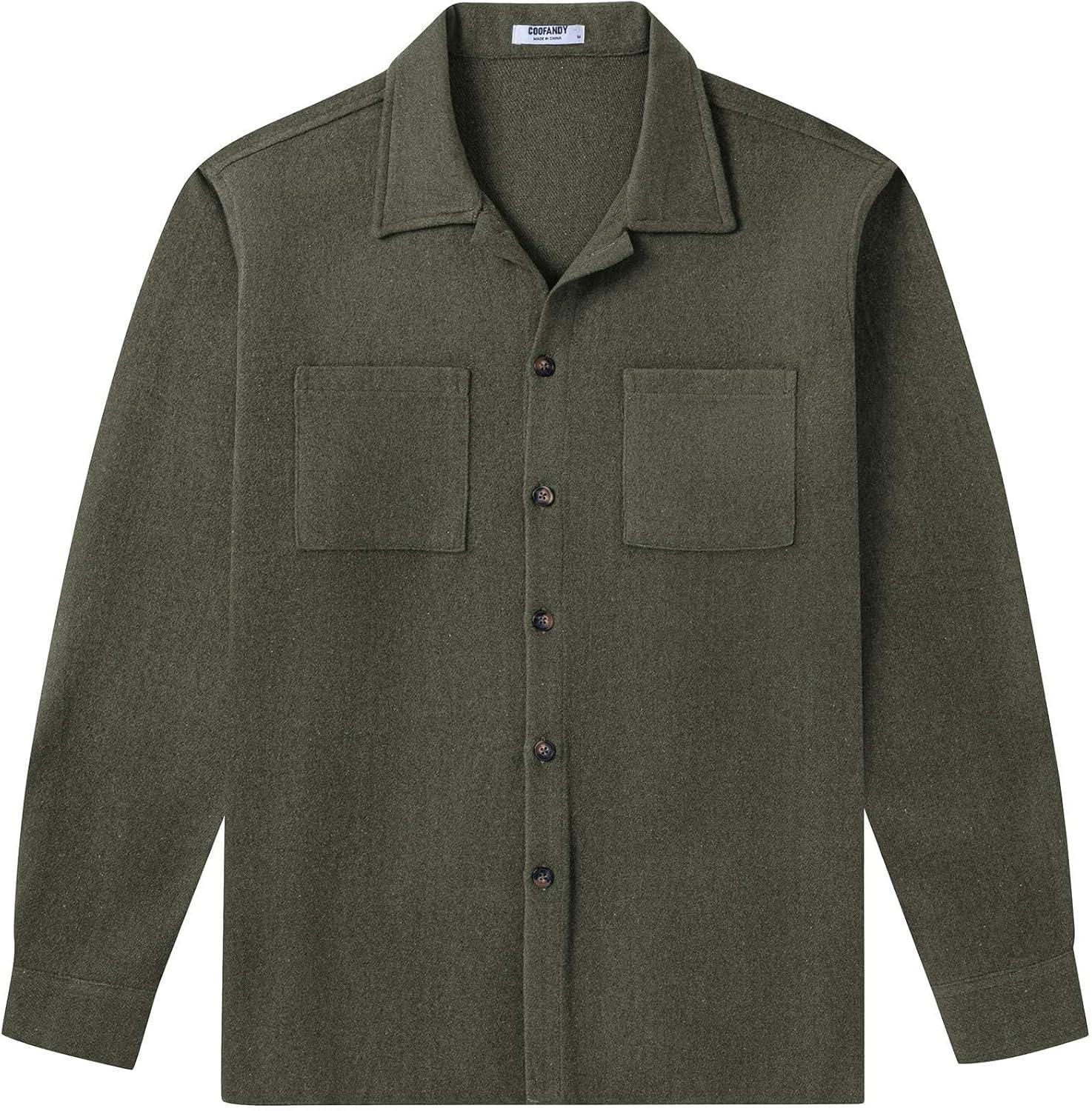 imageCOOFANDY Mens Flannel Shirts Casual Button Down Plaid Shirt Jacket Long Sleeve Fleece Shacket with PocketsSolid Army Green