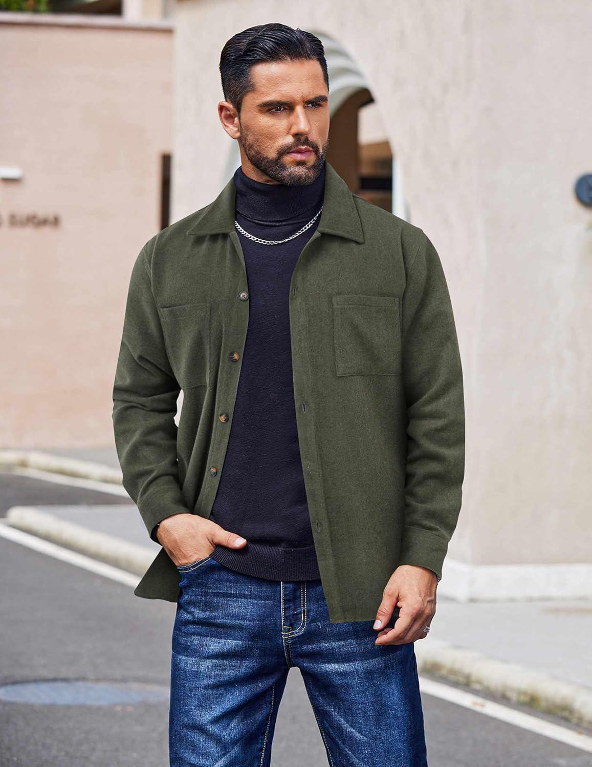 imageCOOFANDY Mens Flannel Shirts Casual Button Down Plaid Shirt Jacket Long Sleeve Fleece Shacket with PocketsSolid Army Green