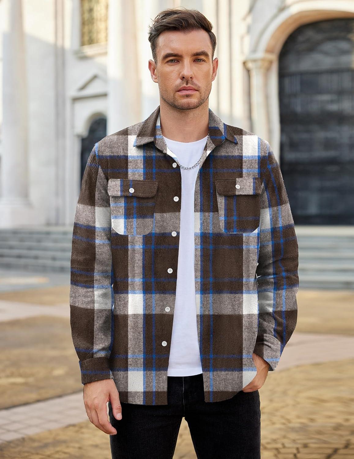 imageCOOFANDY Mens Flannel Shirts Casual Button Down Plaid Shirt Jacket Long Sleeve Fleece ShacketBrown