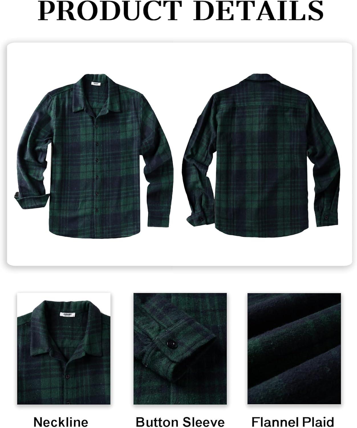 imageCOOFANDY Mens Flannel Shirts Casual Button Down Plaid Shirt Jacket Long Sleeve Fleece ShacketGreennavy Plaid