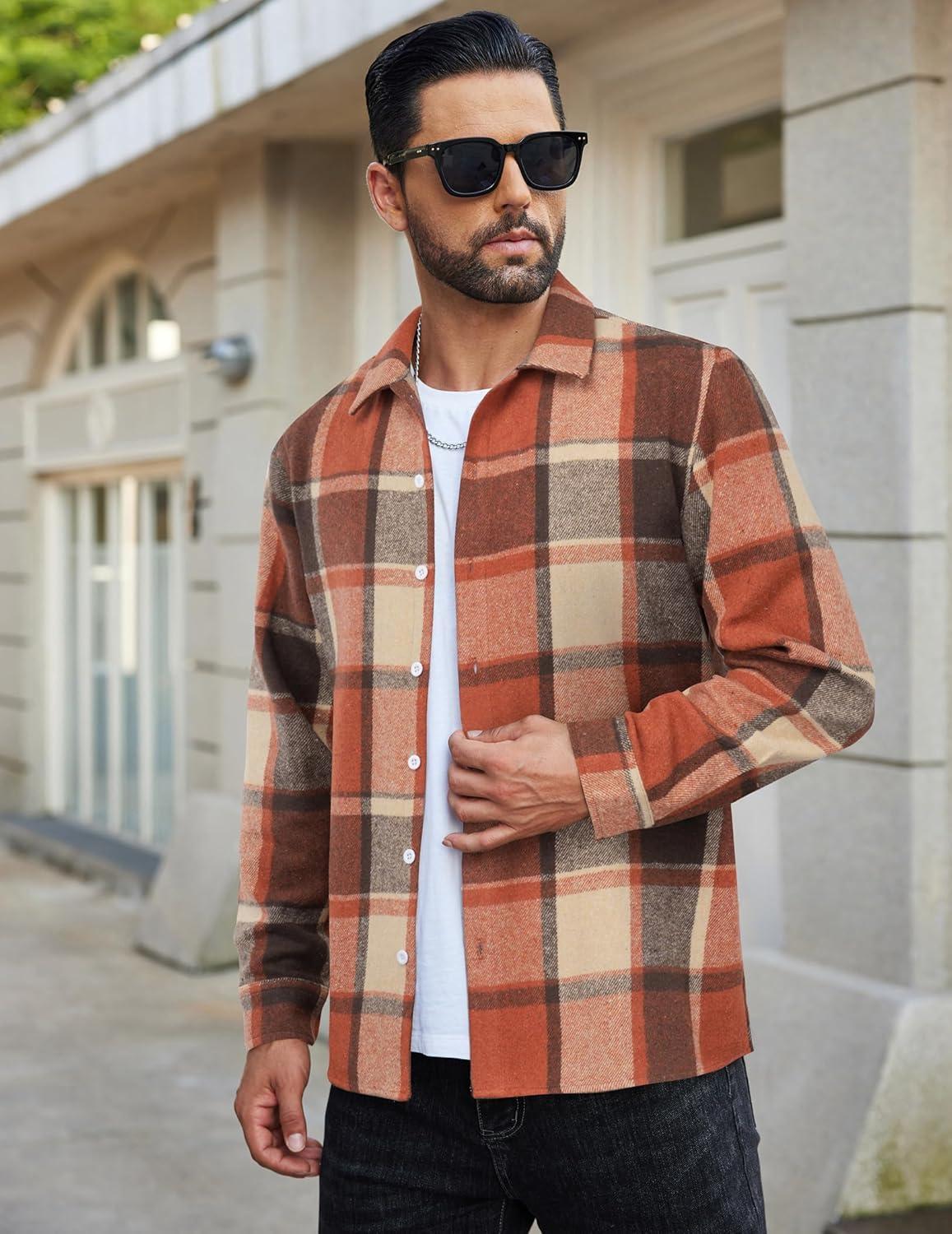 imageCOOFANDY Mens Flannel Shirts Casual Button Down Plaid Shirt Jacket Long Sleeve Fleece ShacketOrangekhaki Plaid