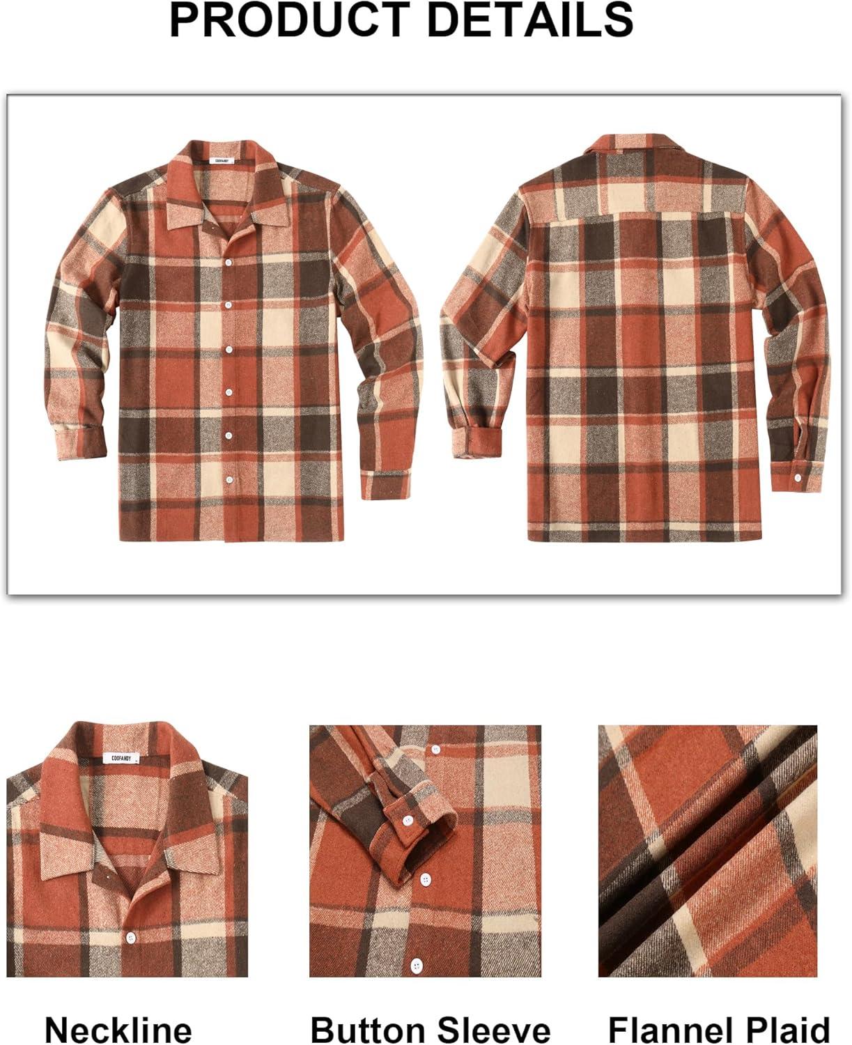 imageCOOFANDY Mens Flannel Shirts Casual Button Down Plaid Shirt Jacket Long Sleeve Fleece ShacketOrangekhaki Plaid