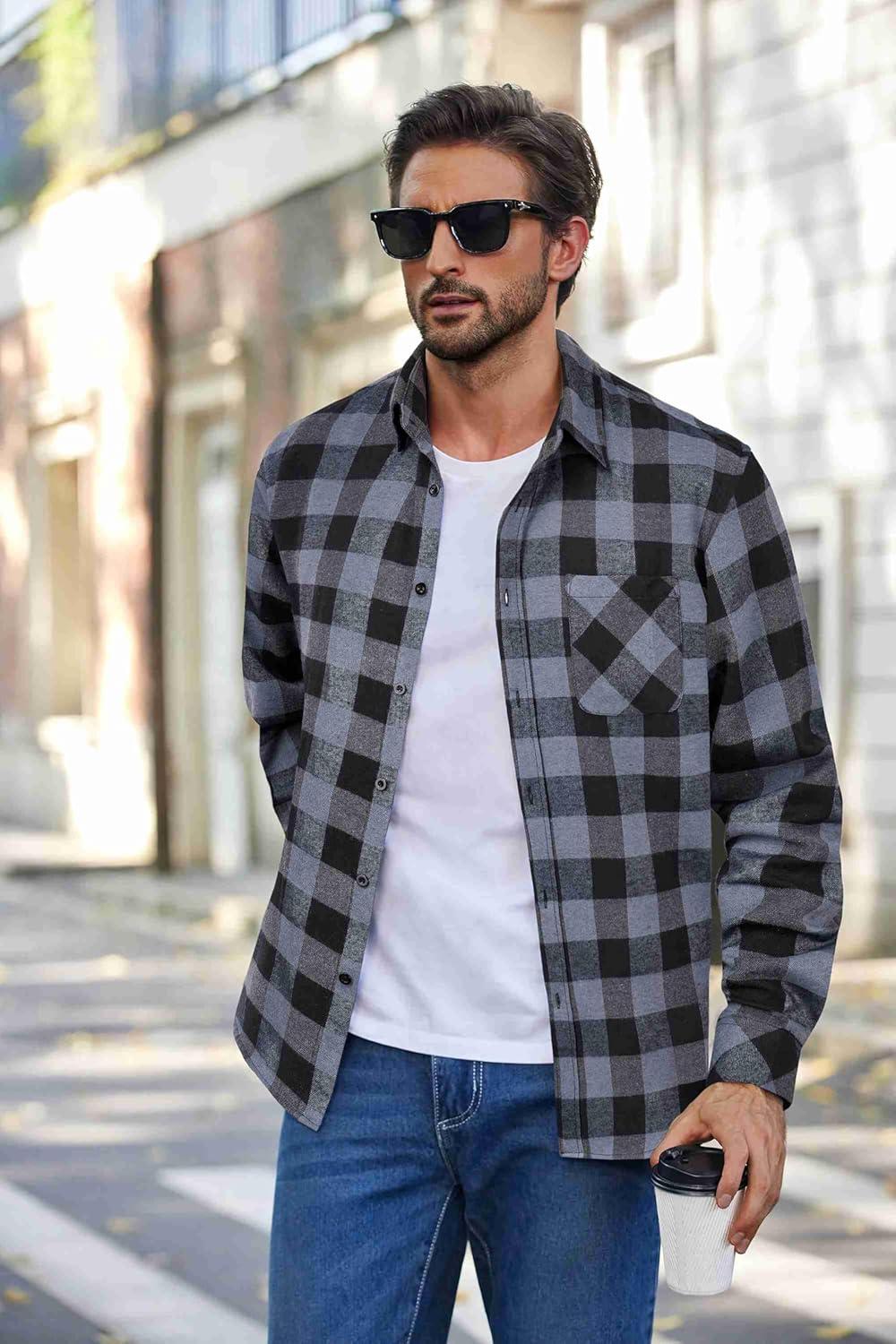 imageCOOFANDY Mens Flannel Shirts Long Sleeve Plaid Button Down Shirt Casual Cotton Shirt with PocketBuffalo Gray