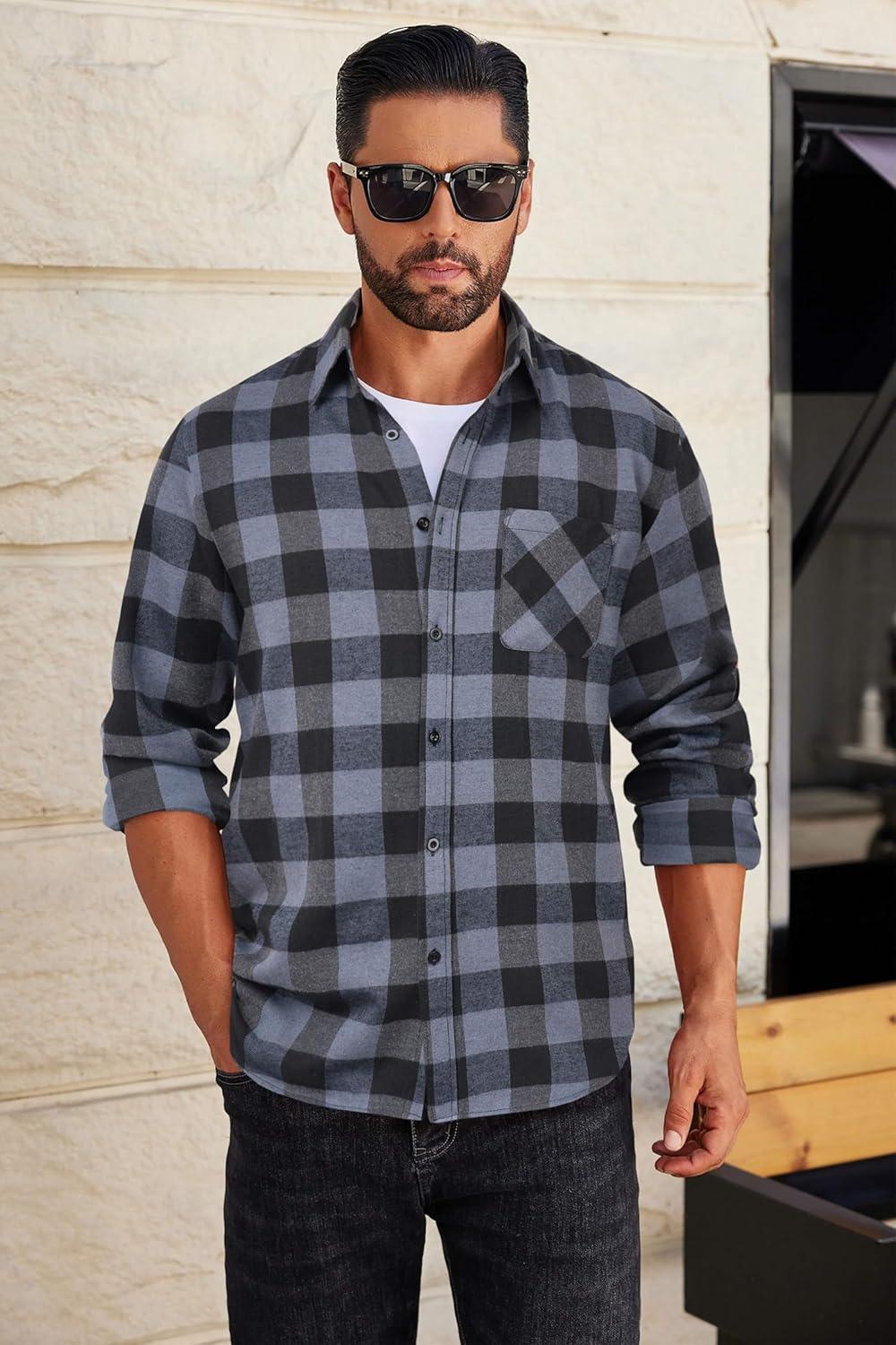 imageCOOFANDY Mens Flannel Shirts Long Sleeve Plaid Button Down Shirt Casual Cotton Shirt with PocketBuffalo Gray