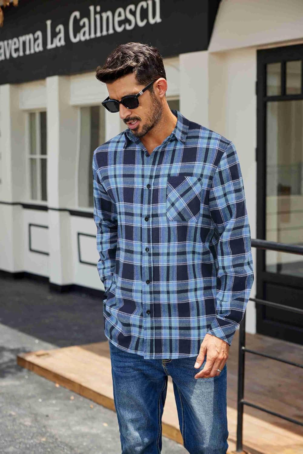 imageCOOFANDY Mens Flannel Shirts Long Sleeve Plaid Button Down Shirt Casual Cotton Shirt with PocketPlaid Navy Blue