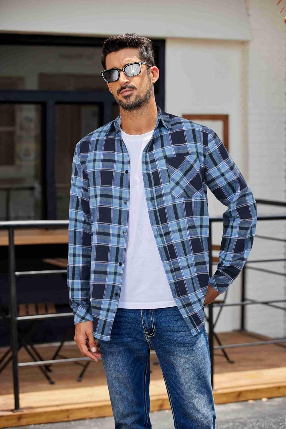 imageCOOFANDY Mens Flannel Shirts Long Sleeve Plaid Button Down Shirt Casual Cotton Shirt with PocketPlaid Navy Blue