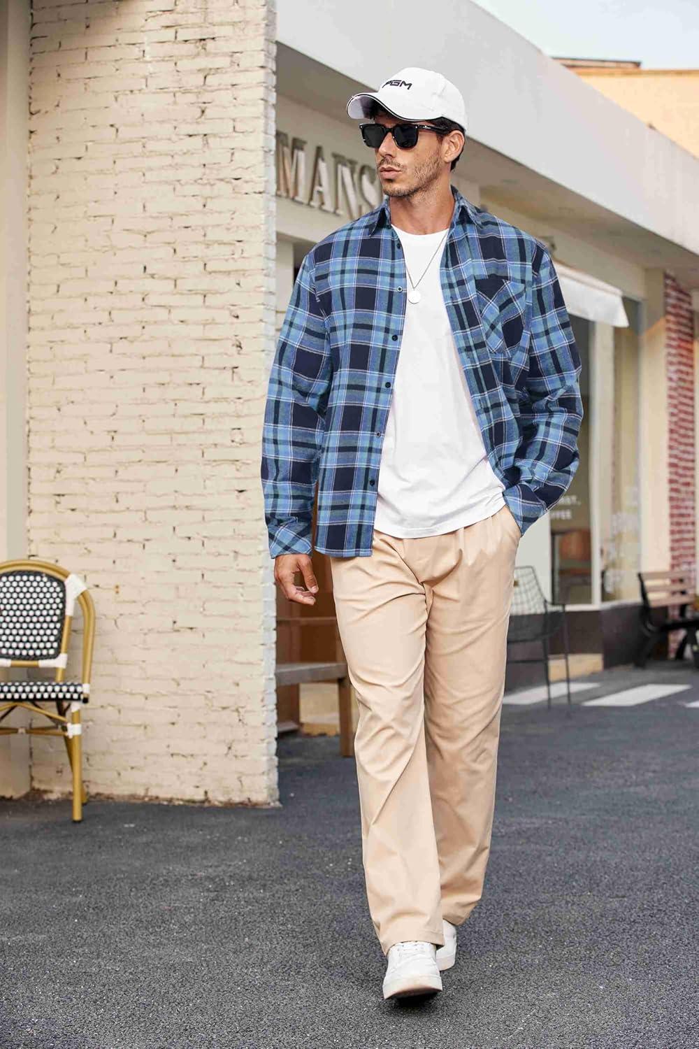 imageCOOFANDY Mens Flannel Shirts Long Sleeve Plaid Button Down Shirt Casual Cotton Shirt with PocketPlaid Navy Blue