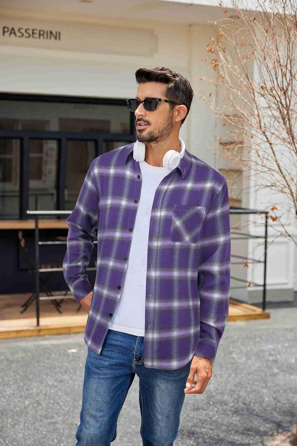 imageCOOFANDY Mens Flannel Shirts Long Sleeve Plaid Button Down Shirt Casual Cotton Shirt with PocketPlaid Purple
